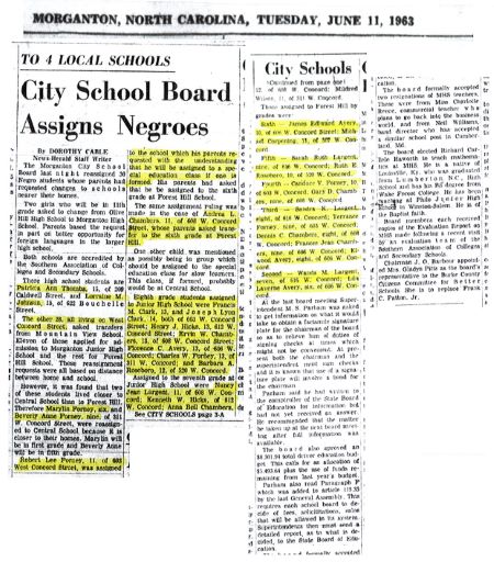 Morganton City School Board grants requests for 30 Black children to transfer to historically white schools closer to their homes. Students experience rejection, isolation, discrimination, and trauma. This pilot desegregation program is a result of organizing by Black families, the local branch of the NAACP, Slades Chapel, Gaston Chapel, and New Bethel Baptist Church.