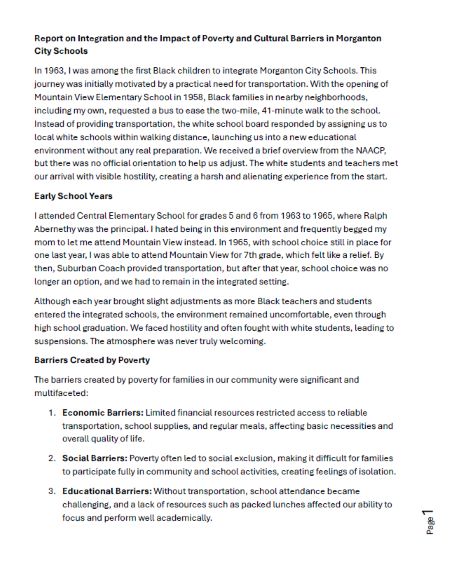 Beverly Carlton is the daughter of Mrs. Ruth Forney, one of the West Concord Mothers. She contribute this written impact statement to the Children of the Struggle digital archive, in which she discusses how desegregation impacted her and her community in Burke County.