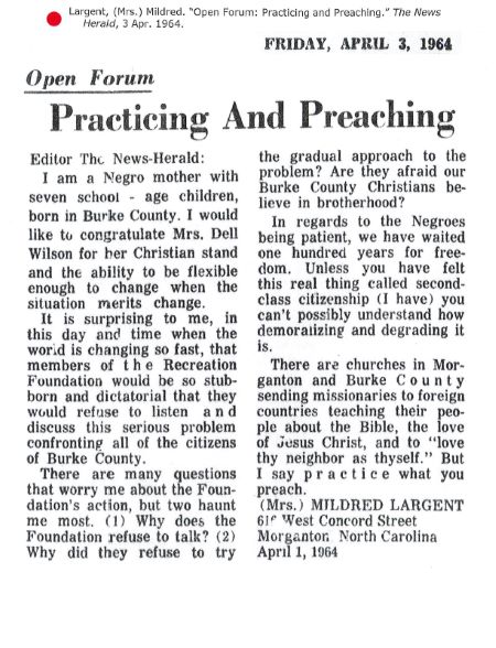 One of the mothers of West Concord Street, Mildred Largent published this letter to the editor calling attention to the Recreation Foundation's discriminatory attempts to prohibit Black residents from using Collett Street Recreation Center.