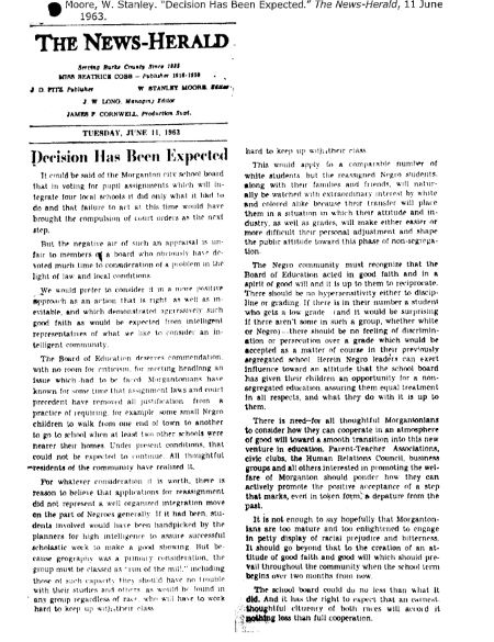 Editorial by Stanley Moore commending Morganton City School Board for their decision to reassign Black pupils and integrate the schools.