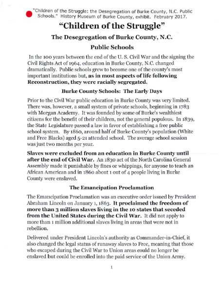 Background handout from the History Museum of Burke County's Children of the Struggle exhibit.